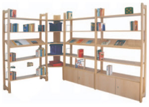 Holzstollenregale, Büchereieinrichtung, Bibliothekseinrichtung
