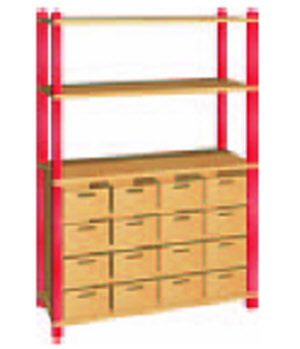 Stollenregal 16 Holzkästen für Kindergarten, Schule
