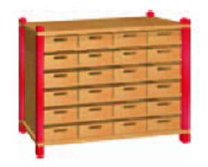 Stollenregal offen, 24 Holzkästen