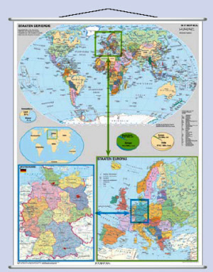 Wandkarte, 3er Karte. Deutschland und Europa in der Welt 