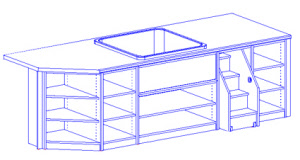 Wickelkombination mit Eckschrank, Regale, Wanne und fahrbare Treppe